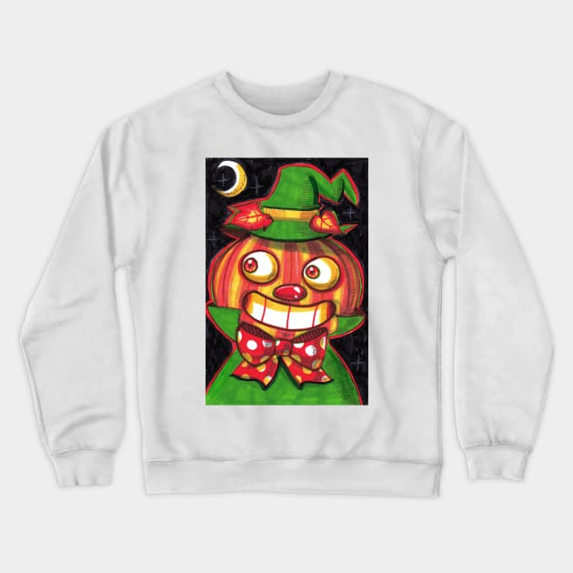 Smiling Pumpkin Man Wearing Green Hat Crewneck Sweatshirt by saradaboru